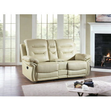 75" Beige Faux Leather Manual Reclining Love Seat With Storage