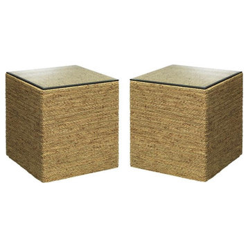 Home Square Square Coastal Glass Side Table in Natural - Set of 2