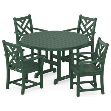 Polywood Chippendale 5-Piece Round Farmhouse Arm Chair Dining Set, Green