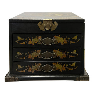 Chinese Oriental Black Dragon Phoenix Mirror Rectangular Jewelry Box ...