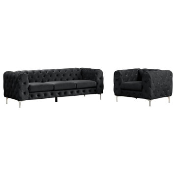 Rebekah 2 Piece Velvet Standard Foam Living Room Set Sofa+Chair, Black Velvet