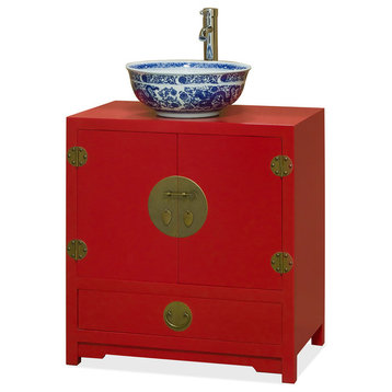 Red Elmwood Ming Vanity Cabinet, With Bowl and Faucet