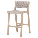 Four Hands - Delano Outdoor Bar + Counter Stool,Brown / Bar stool - A textural take on outdoor bar styling, washed brown and weathered grey teak welcomes thick, handwoven rope seating in an inviting grey. Safe for outdoor spaces. Cover or store indoors during inclement weather and when not in use.
