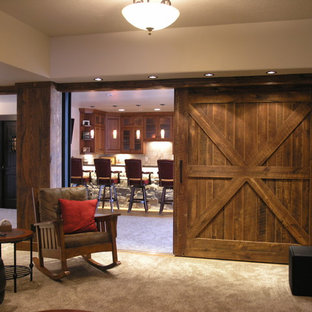 Design ideas for a medium sized classic basement in Denver with brown walls, carpet and beige floors.
