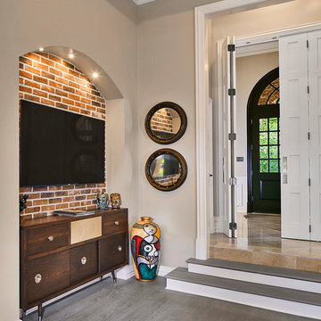 Entry to second living room and handmade media console