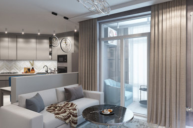 Свежая идея для дизайна: гостиная комната в современном стиле с телевизором на стене и зоной отдыха - отличное фото интерьера