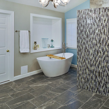 Elegant Curved Shower Highlights New Spacious Master Bath