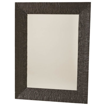 Textured Black Carved Wood Wall Mirror, Elegant Minimalist Modern Vanity Large
