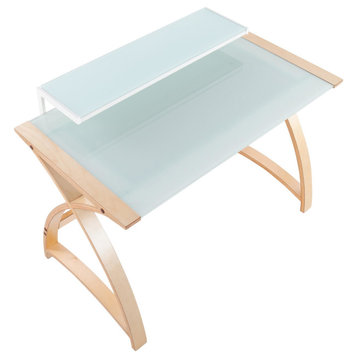 Bentley Office Desk, Natural Wood, White Glass