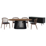 Armen Living - Pasadena Echo 6-Piece Oval Dining Set, With Buffet Black/Walnut Finish - Enhance your dining space with the Pasadena Echo 6 Piece Oval Dining Set. This 6-piece dining set includes 1 Pasadena oval dining table, 4 Echo dining chairs with faux leather upholstery, and 1 Pasadena buffet cabinet. The versatile chairs merge style and functionality, making them a perfect addition to your dining room, kitchen, or even as accent pieces throughout your home. Crafted with precision and a keen eye for detail, the Echo dining chairs showcase a stunning combination of wood and easily maintained faux leather upholstery. The Windsor style chair back and angular frame creates a timeless silhouette. With a generous tabletop length of 79 inches and a width of 43 inches, this dining room table features a beautiful solid wood base and concrete bottom for added stability. The retro allure of mid-century design is present in the slatted pedestal base, further elevating its appeal, whilst lending its unmistakable character and attractive, architectural-like quality. The buffet is a seamless blend of form and utility. The four-door design opens to reveal ample storage space with two levels of shelves, ideal for keeping your dining essentials organized and within easy reach. Two matching wooden shelves are included, offering an elegant display area for showcasing your cherished dinnerware or decorative items. The shelves are adjustable to 3 available heights. Use it as a stylish sideboard, an entry cabinet that welcomes guests with its polished charm, or a versatile storage cabinet in the kitchen. Each piece of this 6-piece dining set offers multifunctional appeal and due to the craftsmanship and quality materials it&rsquo;s comprised of it can be enjoyed for many years to come. This dining set is available in multiple color finishes including: an all-black finish with black faux leather upholstery, a black finish table and buffet with walnut chairs and black faux leather upholstery, or a black finish table base and buffet, with walnut tabletop and chairs with black faux leather upholstery.