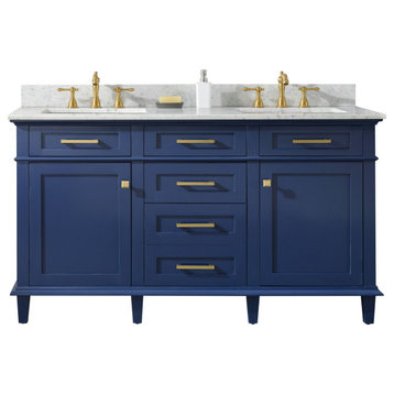 60" Blue Finish Double Sink Vanity Cabinet With Carrara White Top