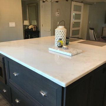 Mystery White Tops with Woodharbor Peppercorn Cabinets