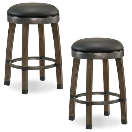 Set of 2 Counter Stool, Backless Design With Faux Leather Seat, Greystone/Black