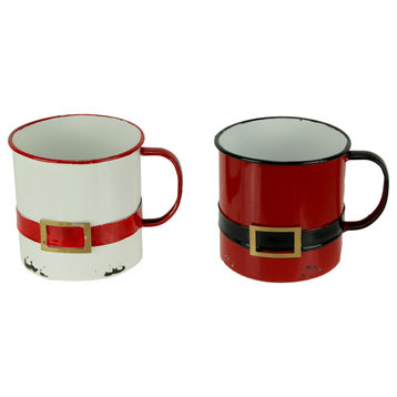 Red and White Enamel Metal Santa Suit Display Mugs Set of 2