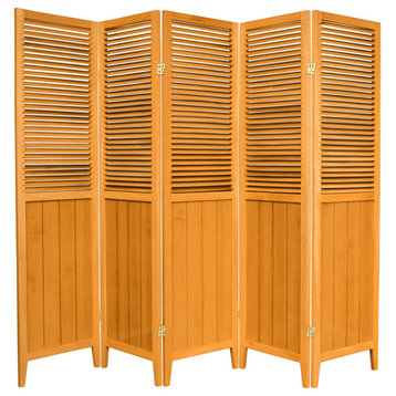 Elegant Room Divider, Double Hinged Louvered Accented Screen, Yellow/5 Panels