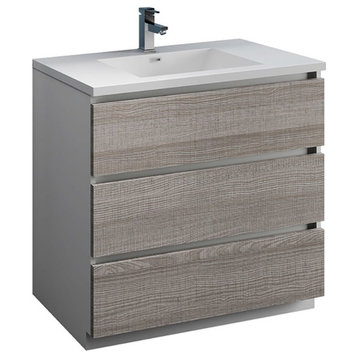 Fresca Lazzaro 36" Wood Bathroom Cabinet with Integrated Sink in Glossy Ash Gray