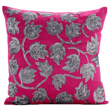 Pink Art Silk 18"x18" Sequins Tulip Flower Pillows Cover, Tulip Twirl