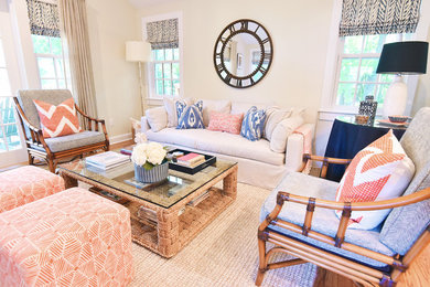 Example of a mid-sized transitional open concept medium tone wood floor and brown floor living room design in New York with beige walls, no fireplace and no tv