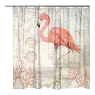 Laural Home Coastal Flamingo Shower Curtain, 71x74 - Beach Style