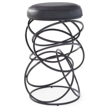 Luxe Entwined Rings Black Cowhide Leather Bar Stool, Iron Circles Metal Round