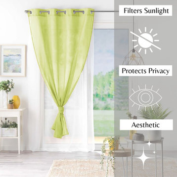 Double Layer Window Curtain Drape, Two-Tone Sheer Curtain, 95x55 Inches, Green/White, 1 Panel