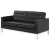 Modern Designer Lounge Loveseat Sofa, Faux Vinyl Leather, Black Silver