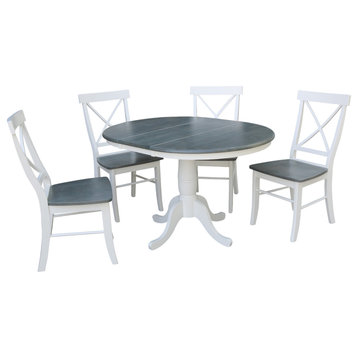 36" Round Extension Dining Table With X-back Chairs, White/Heather Gray, 5 Piece