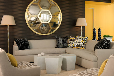 Inspiration for a mid-sized contemporary formal and open concept medium tone wood floor and brown floor living room remodel in San Francisco with yellow walls, no fireplace and no tv