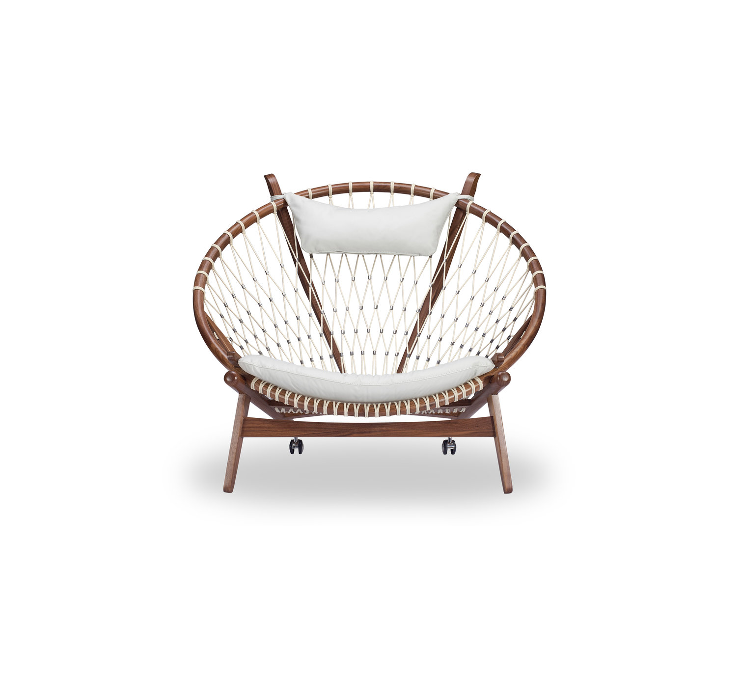 Circle Hoop Modern Lounge Chair, Genuine Italian Leather and Walnut, White