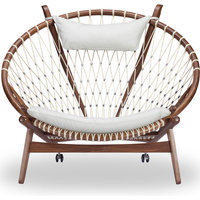 Circle Hoop Modern Lounge Chair, Genuine Italian Leather and Walnut, White