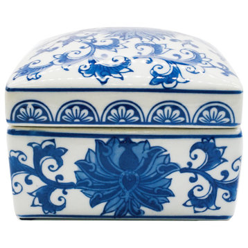 Blue & White Chinoiserie Square Ceramic Box - Lotus