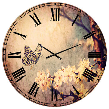 Vintage Butterfly and Cherry Tree Floral Round Wall Clock, 36x36