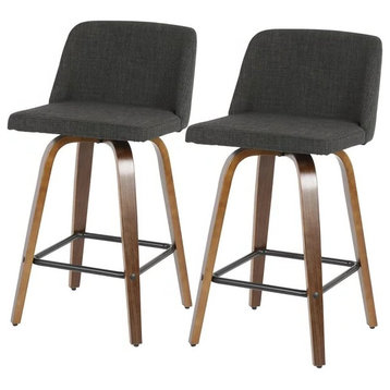 Set of 2 Mid Century Counter Stool, Bentwood Legs With Cushioned Seat, Charcoal