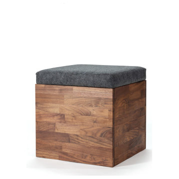 Zuma Wood Storage Ottoman Cube Stool, Solid Walnut, Gray Top Cushion