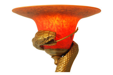 Art Deco Cast Bronze Snake Floor Lamp with Mouth-Blown Shade