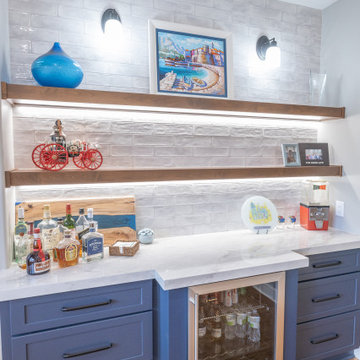 Porcelain Island Kitchen Remodel with Custom Built-Ins + Fireplace Feature