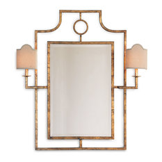 Doheny Hollywood Regency Bamboo Gold Leaf Mirror With Sconces