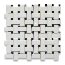 Stone Center Online - Thassos White 1 x 2 Basketweave Mosaic Tile w/ Black Dots Polished - Mosaic Tile