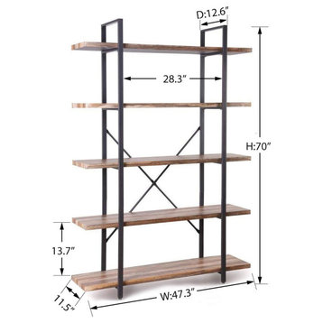 5-tier Industrial Bookcase with Rustic Wood and Metal Frame, Large Bookshelf