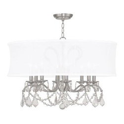 8-Light Chandelier, Brushed Nickel Finish, Off-White Silk Shimmer Shade - Chandeliers