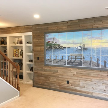 New England Harbor Town Mural, hand painted throughout a lower level
