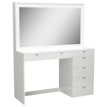 Modern Vanity Table, Multiple Drawers & Rectangular Mirror With LED light, White