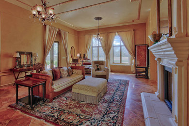 Large elegant formal and enclosed porcelain tile and beige floor living room photo in Nashville with beige walls, a standard fireplace, a plaster fireplace and no tv