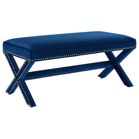 Rivet Upholstered Velvet Bench, Navy