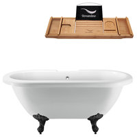70" White Clawfoot Tub and Tray, Black Feet, Gold External Drain