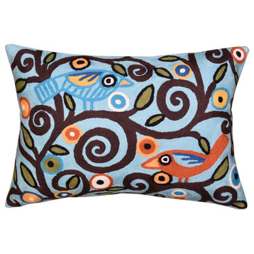 Lumbar Blue Tree Of Life Pillow Cover Birds Accent Pillows Handmade Wool 14x20"