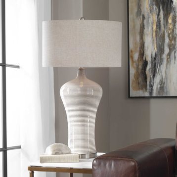 Elegant Midcentury Modern Taupe Gray Table Lamp, Ribbed Ceramic Curved