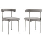 Armen Living - Shannon Brushed Stainless Steel and Light Gray Fabric Dining Chairs, Set of 2 - Bring effortless style and comfort to your home with our Shannon Dining Chair in Fabric and Metal - Set of 2 by Armen Living. This contemporary dining chair makes a sophisticated statement with its chic and refined style. A cylindrical cushion complements the curved backrest to offer perfect back support. The chair includes a generously padded seat, to provide a comfortable seating experience. It is covered in performance fabric to offer easy care and maintenance. Featuring a sleek and slender metallic frame, this dining chair lends effortless elegance to any corner. It can bring everyday charm to your eat-in kitchen and dining room. The Shannon chair can offer an easy-to-land spot anywhere from your living space to your home office. Its sturdy and durable construction allows years of use. Available as a perfect pair, the Shannon Dining Chair comes in brushed stainless steel with: Light Gray, Charcoal, Blue, or Taupe Fabric or matte black iron with: Thundercloud Gray fabric, Black fabric, Cream fabric, or Light Gray faux leather to effortlessly blend and complement your existing style and decor.