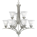 Progress Lighting - Progress Lighting 9-100W Medium Chandelier, Brushed Nickel - Nine-light, two-tier chandelier featuring soft angles, curving lines and etched glass shades. Gracefully exotic, the Trinity Collection offers classic sophistication for transitional interiors. Sculptural forms of metal and glass are enhanced by a classic finish. This transitional style can transform a room or your whole home with its charming versatility.