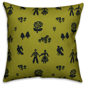 Folk Forest Motif, Green Throw Pillow Cover, 18"x18"